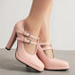 <tc>Pink T-Strap Chunky Heel Square Toe Mary Jane Pumps Vintage High Shoes</tc>