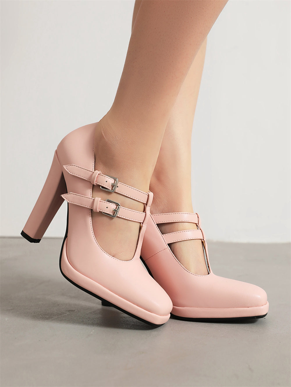 <tc>Pink T-Strap Chunky Heel Square Toe Mary Jane Pumps Vintage High Shoes</tc>