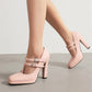 <tc>Pink T-Strap Chunky Heel Square Toe Mary Jane Pumps Vintage High Shoes</tc>