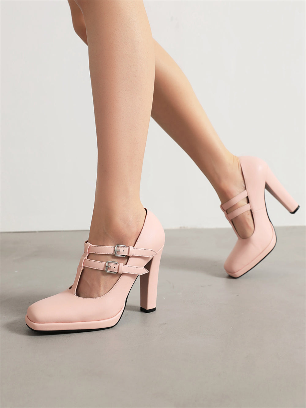 <tc>Pink T-Strap Chunky Heel Square Toe Mary Jane Pumps Vintage High Shoes</tc>