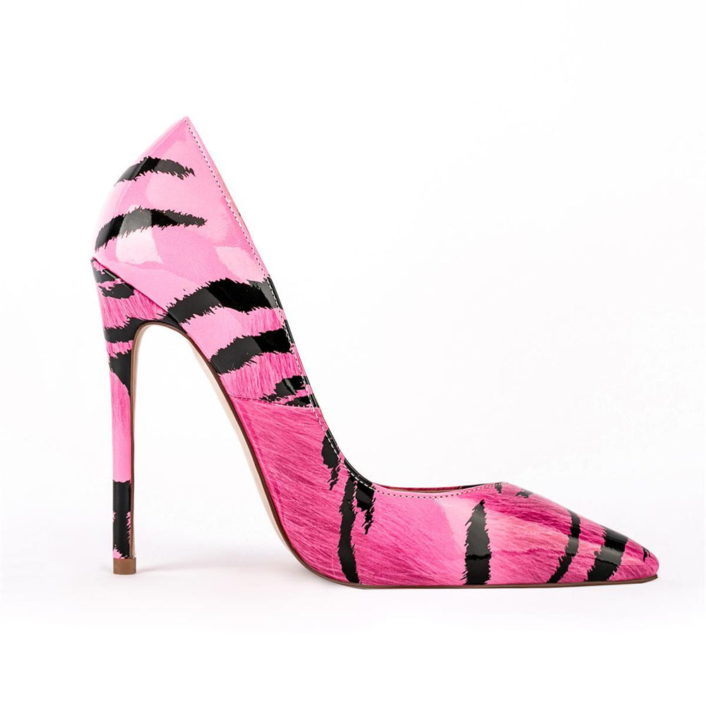 Pink Tiger Pattern Patent Leather Pointed Toe Stiletto Heel Popular Pumps