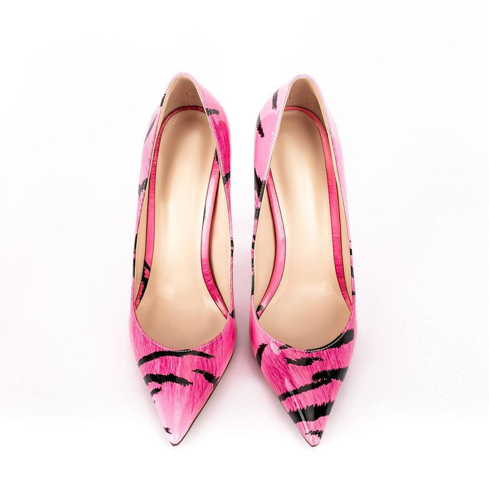 Pink Tiger Pattern Patent Leather Pointed Toe Stiletto Heel Popular Pumps