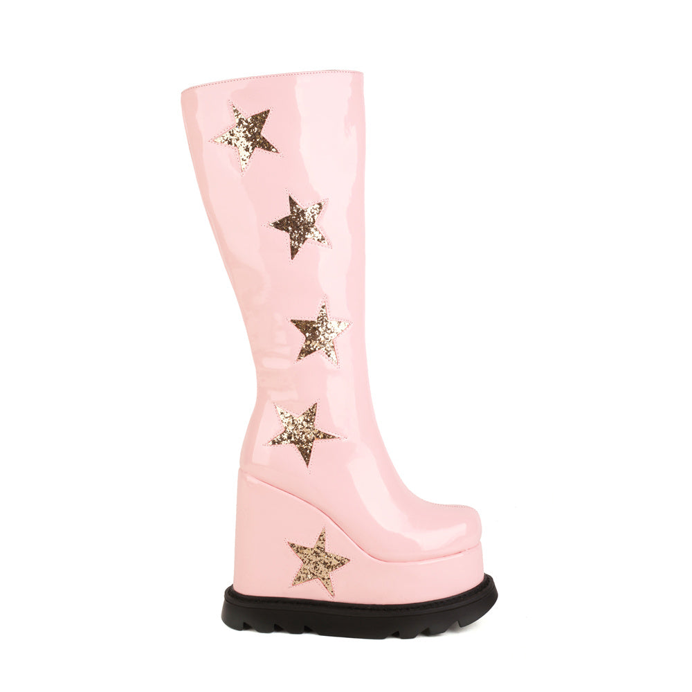 Star Pink Platform Wedge Heel Knee-High Boots