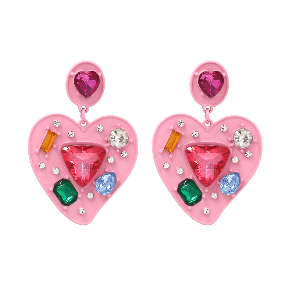 Pink Gold Heart Rhinestone Pendant Earrings Crystal Y2K Fashion Earrings