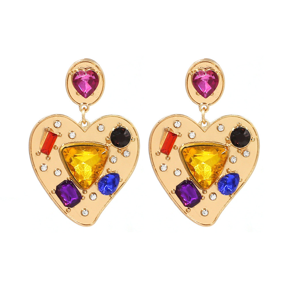 Pink Gold Heart Rhinestone Pendant Earrings Crystal Y2K Fashion Earrings