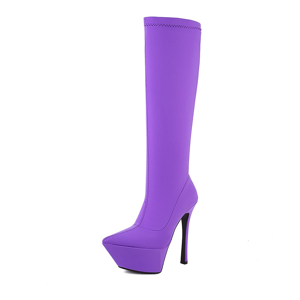 Purple Elastic Platform Knee High Boots Stiletto Heel Sock Boots