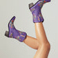 Purple Embroidery Floral Western Cowboy Boots Block Heel Mid-Calf Boots