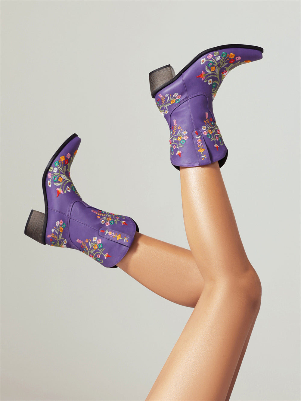 Purple Embroidery Floral Western Cowboy Boots Block Heel Mid-Calf Boots