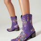 Purple Embroidery Floral Western Cowboy Boots Block Heel Mid-Calf Boots