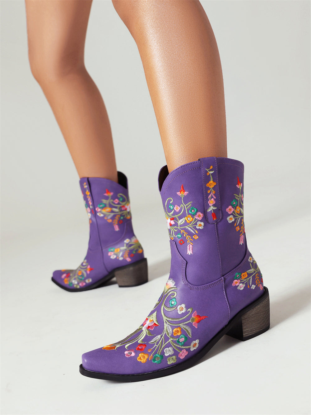 Purple Embroidery Floral Western Cowboy Boots Block Heel Mid-Calf Boots