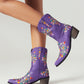 Purple Embroidery Floral Western Cowboy Boots Block Heel Mid-Calf Boots