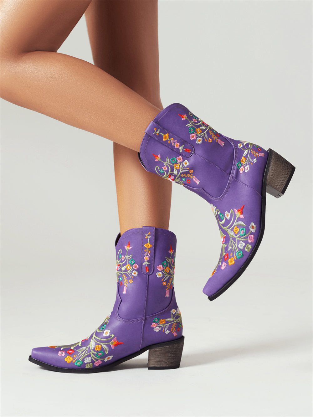 Purple Embroidery Floral Western Cowboy Boots Block Heel Mid-Calf Boots