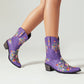 Purple Embroidery Floral Western Cowboy Boots Block Heel Mid-Calf Boots