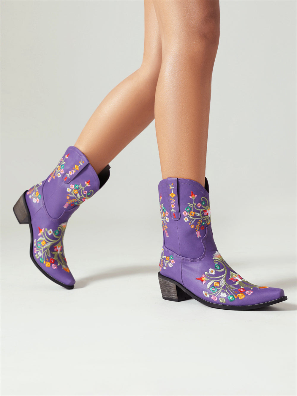 Purple Embroidery Floral Western Cowboy Boots Block Heel Mid-Calf Boots