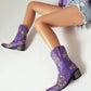 Purple Embroidery Floral Western Cowboy Boots Block Heel Mid-Calf Boots