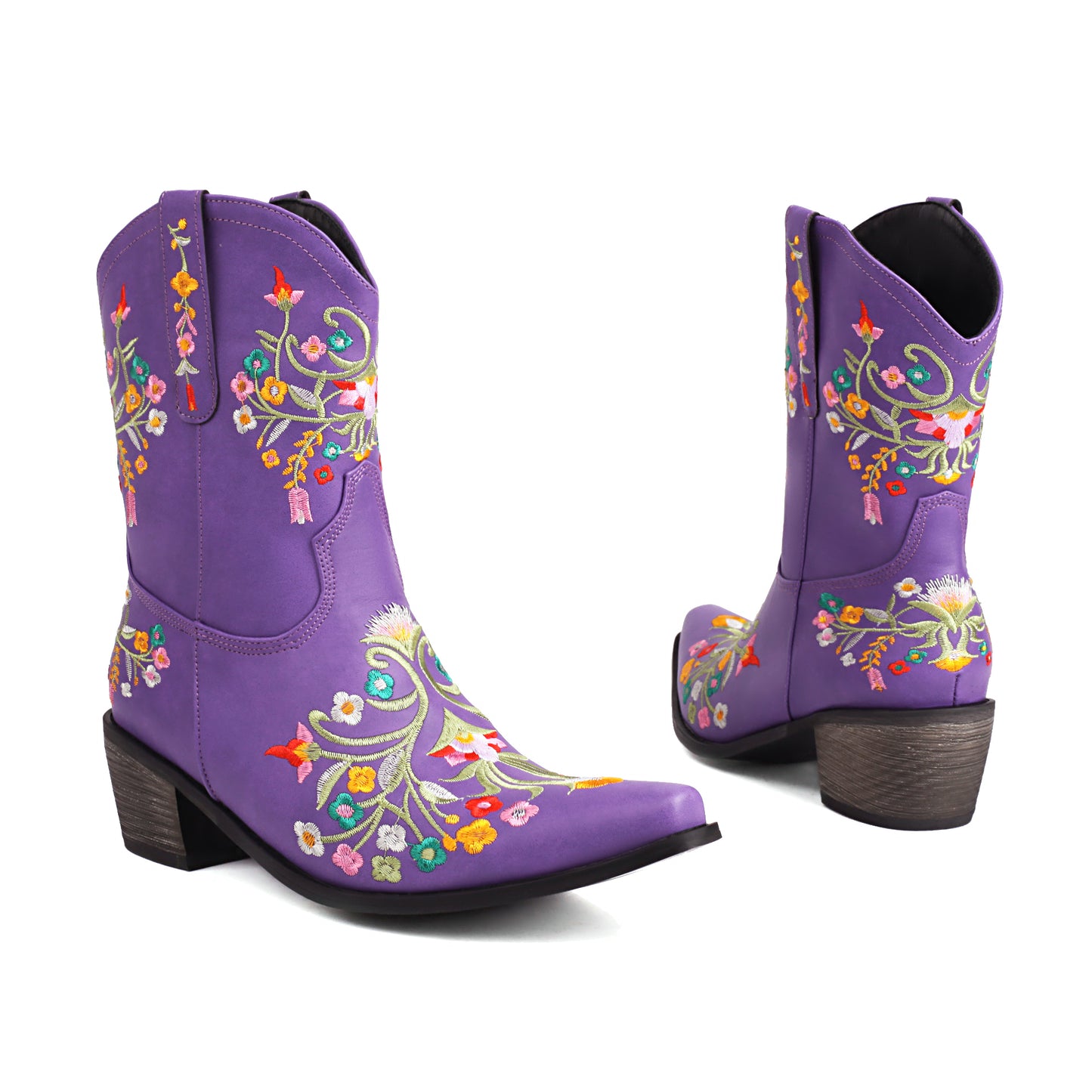 Purple Embroidery Floral Western Cowboy Boots Block Heel Mid-Calf Boots