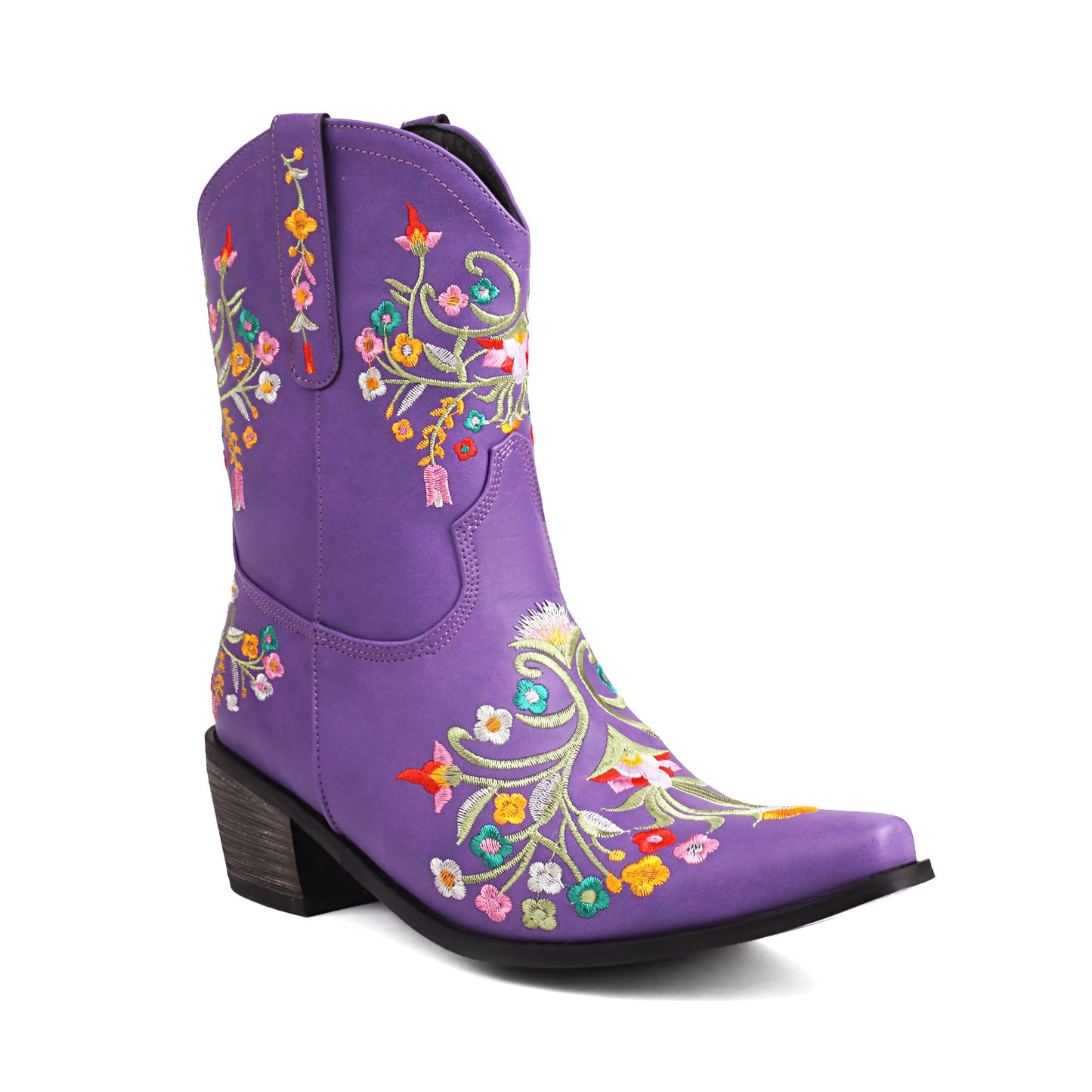 Purple Embroidery Floral Western Cowboy Boots Block Heel Mid-Calf Boots