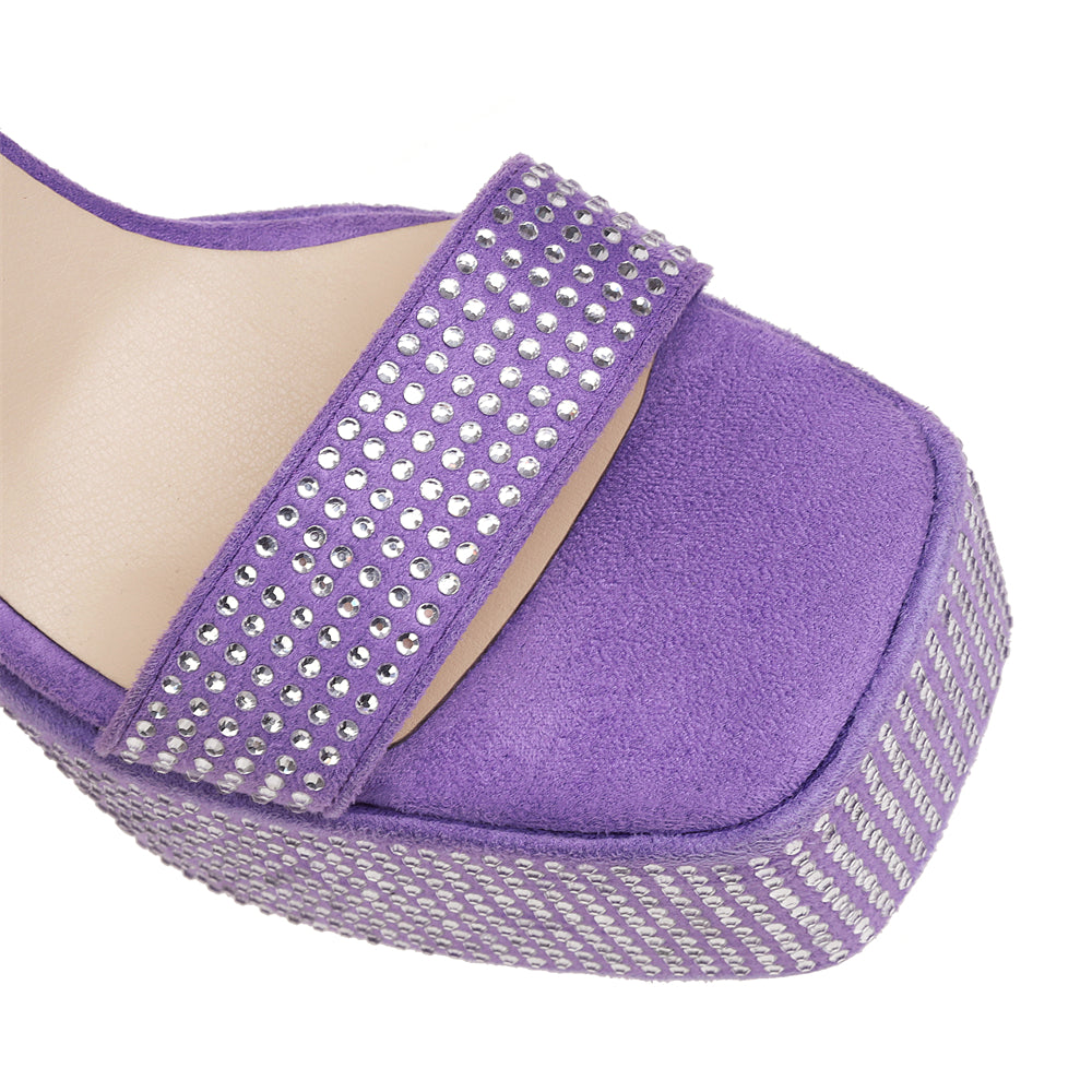 Purple Rhinestone Platform Block Heel Ankle Strap Sandals