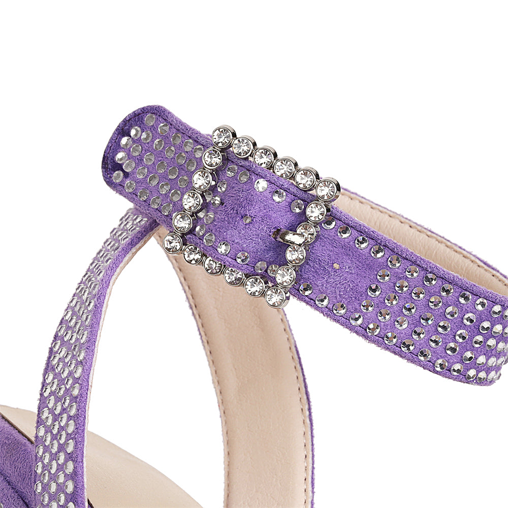 Purple Rhinestone Platform Block Heel Ankle Strap Sandals