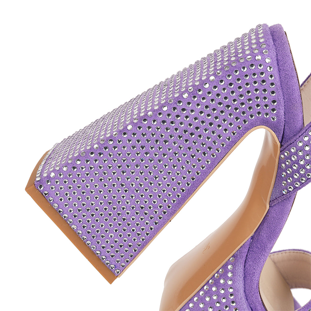 Purple Rhinestone Platform Block Heel Ankle Strap Sandals