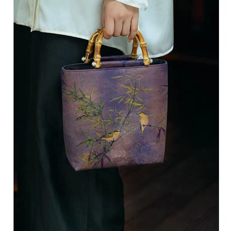 Purple Bamboo and Bird Print Bamboo Handle Bucket Bag