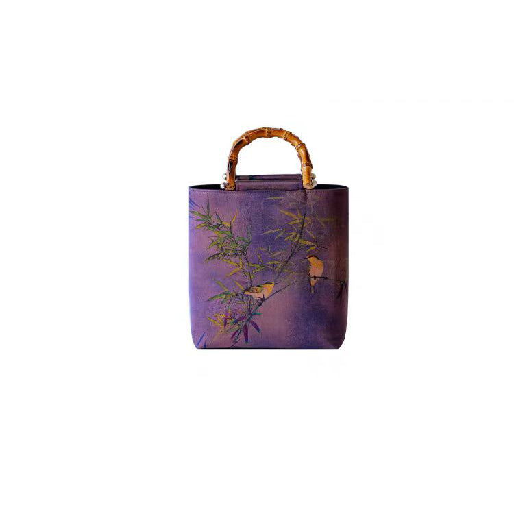 Purple Bamboo and Bird Print Bamboo Handle Bucket Bag