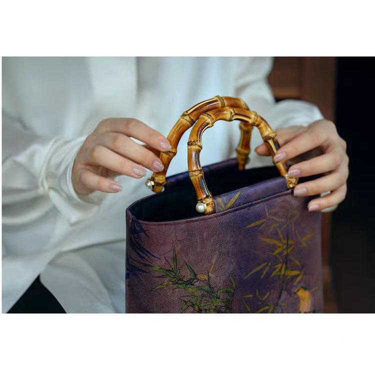 Purple Bamboo and Bird Print Bamboo Handle Bucket Bag