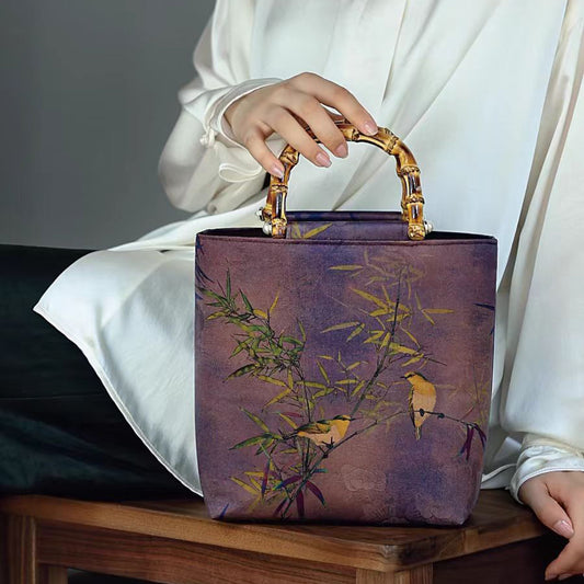 Purple Bamboo and Bird Print Bamboo Handle Bucket Bag