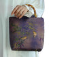 Purple Bamboo and Bird Print Bamboo Handle Bucket Bag