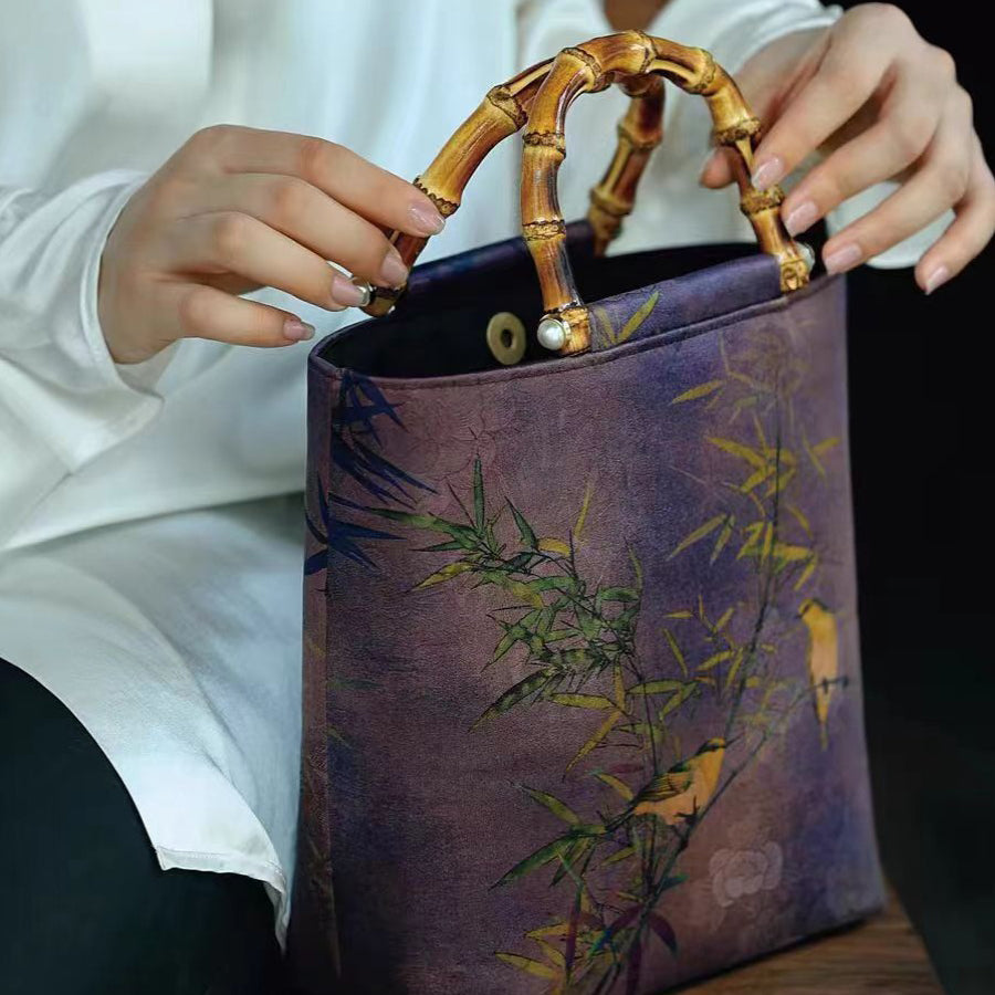 Purple Bamboo and Bird Print Bamboo Handle Bucket Bag