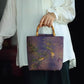 Purple Bamboo and Bird Print Bamboo Handle Bucket Bag