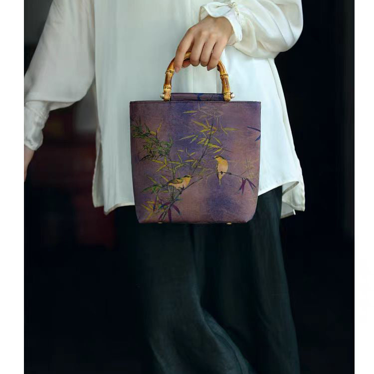 Purple Bamboo and Bird Print Bamboo Handle Bucket Bag