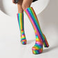 Rainbow patent-leather platform chunky-heel knee-high boots