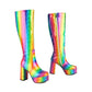 Rainbow patent-leather platform chunky-heel knee-high boots