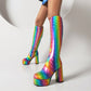 Rainbow patent-leather platform chunky-heel knee-high boots