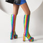 Rainbow patent-leather platform chunky-heel knee-high boots