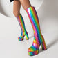 Rainbow patent-leather platform chunky-heel knee-high boots