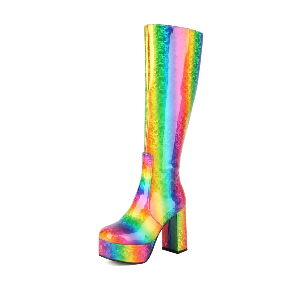 Rainbow patent-leather platform chunky-heel knee-high boots