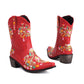 Red Embroidery Floral Western Cowboy Boots Block Heel Mid-Calf Boots