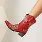 Red Embroidery Floral Western Cowboy Boots Block Heel Mid-Calf Boots