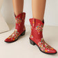 Red Embroidery Floral Western Cowboy Boots Block Heel Mid-Calf Boots