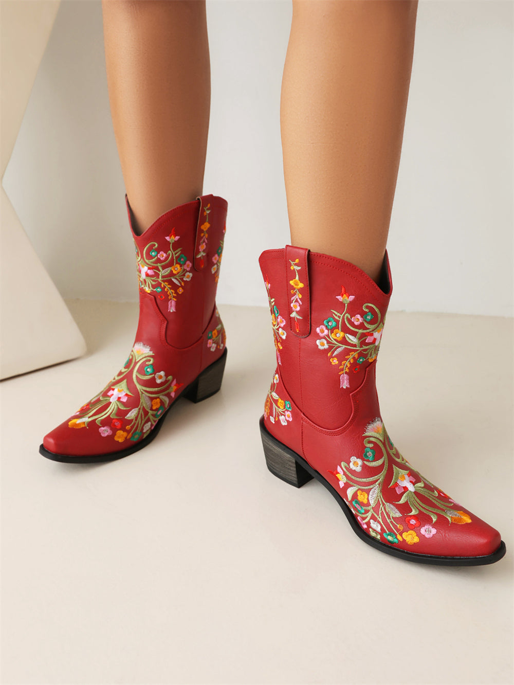 Red Embroidery Floral Western Cowboy Boots Block Heel Mid-Calf Boots