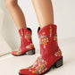 Red Embroidery Floral Western Cowboy Boots Block Heel Mid-Calf Boots