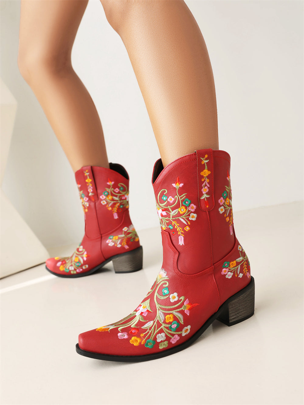 Red Embroidery Floral Western Cowboy Boots Block Heel Mid-Calf Boots