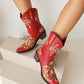 Red Embroidery Floral Western Cowboy Boots Block Heel Mid-Calf Boots