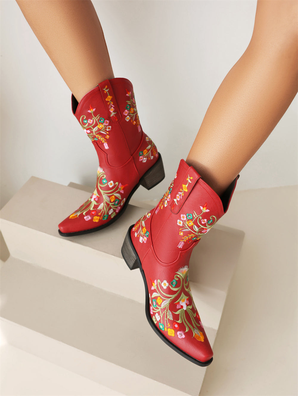 Red Embroidery Floral Western Cowboy Boots Block Heel Mid-Calf Boots