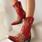 Red Embroidery Floral Western Cowboy Boots Block Heel Mid-Calf Boots