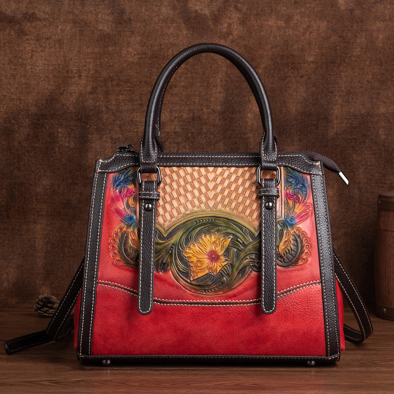 <tc>Red Flowers Embossed Leather Tote Handbags</tc>