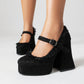 Black Lace Almond Toe Platform Chunky Heel Mary Jane Pumps