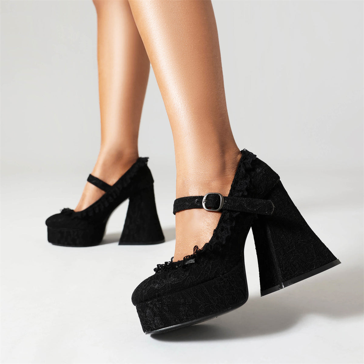 Black Lace Almond Toe Platform Chunky Heel Mary Jane Pumps